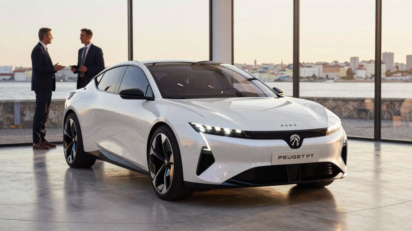 Carro elétrico branco Peugeot elétrico em exposição com duas pessoas conversando ao fundo.