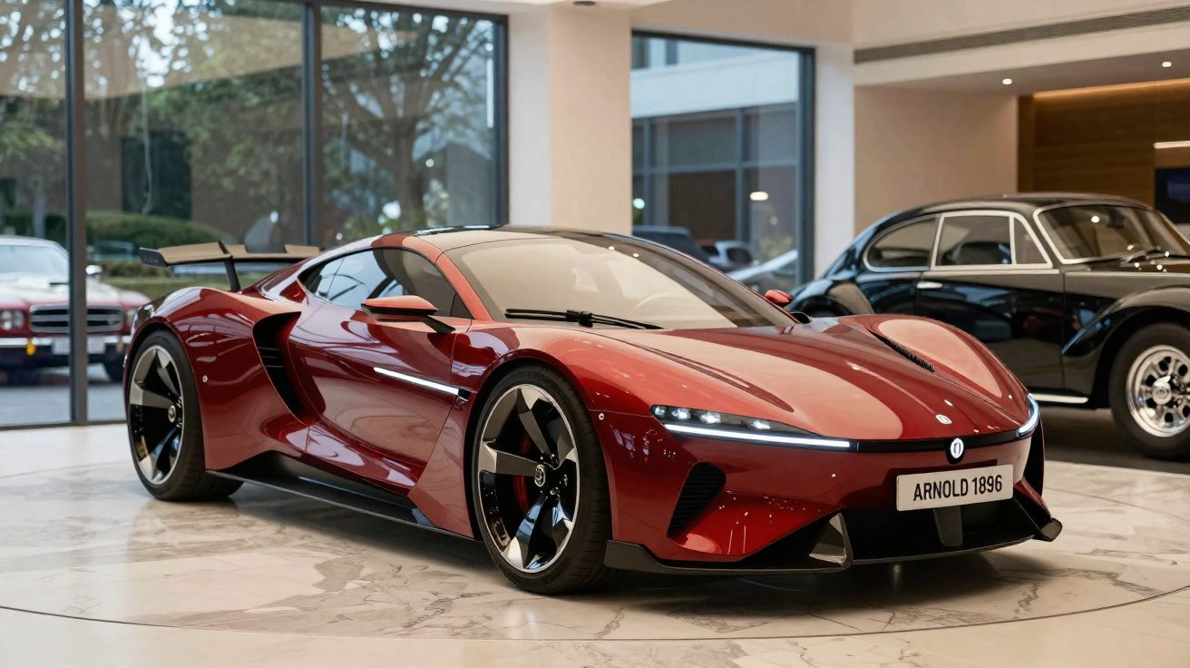 Carro esportivo vermelho brilhante com design aerodinâmico exposto em showroom moderno.