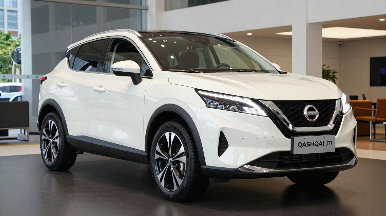 SUV branco Nissan Qashqai J11 estacionado em ambiente interno moderno e iluminado.