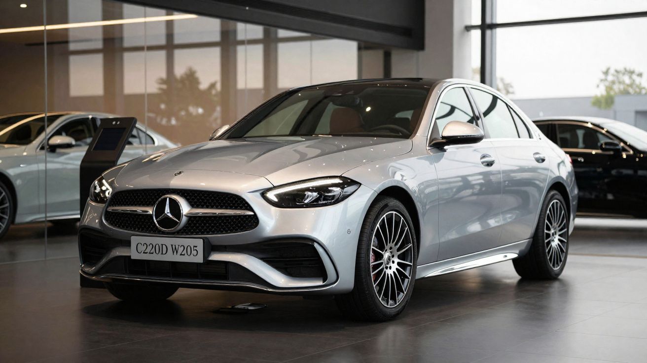Carro prata Mercedes-Benz C220D W205 em exposição dentro de showroom moderno com piso escuro.