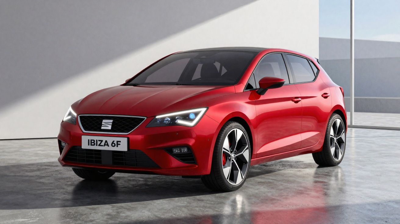 Carro vermelho SEAT Ibiza 6F estacionado em piso refletivo com parede cinza ao fundo.