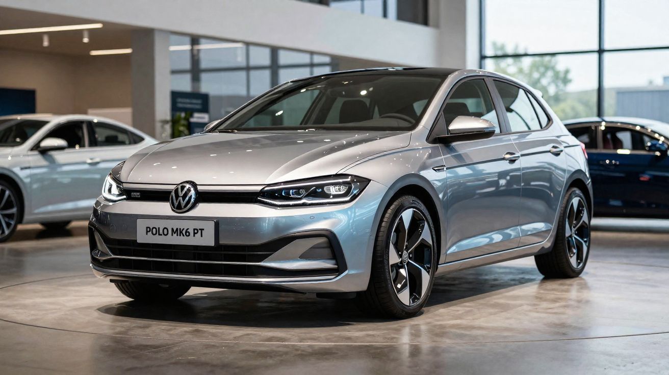 Carro Volkswagen Polo prata modelo MK6 em exposição dentro de showroom moderno.