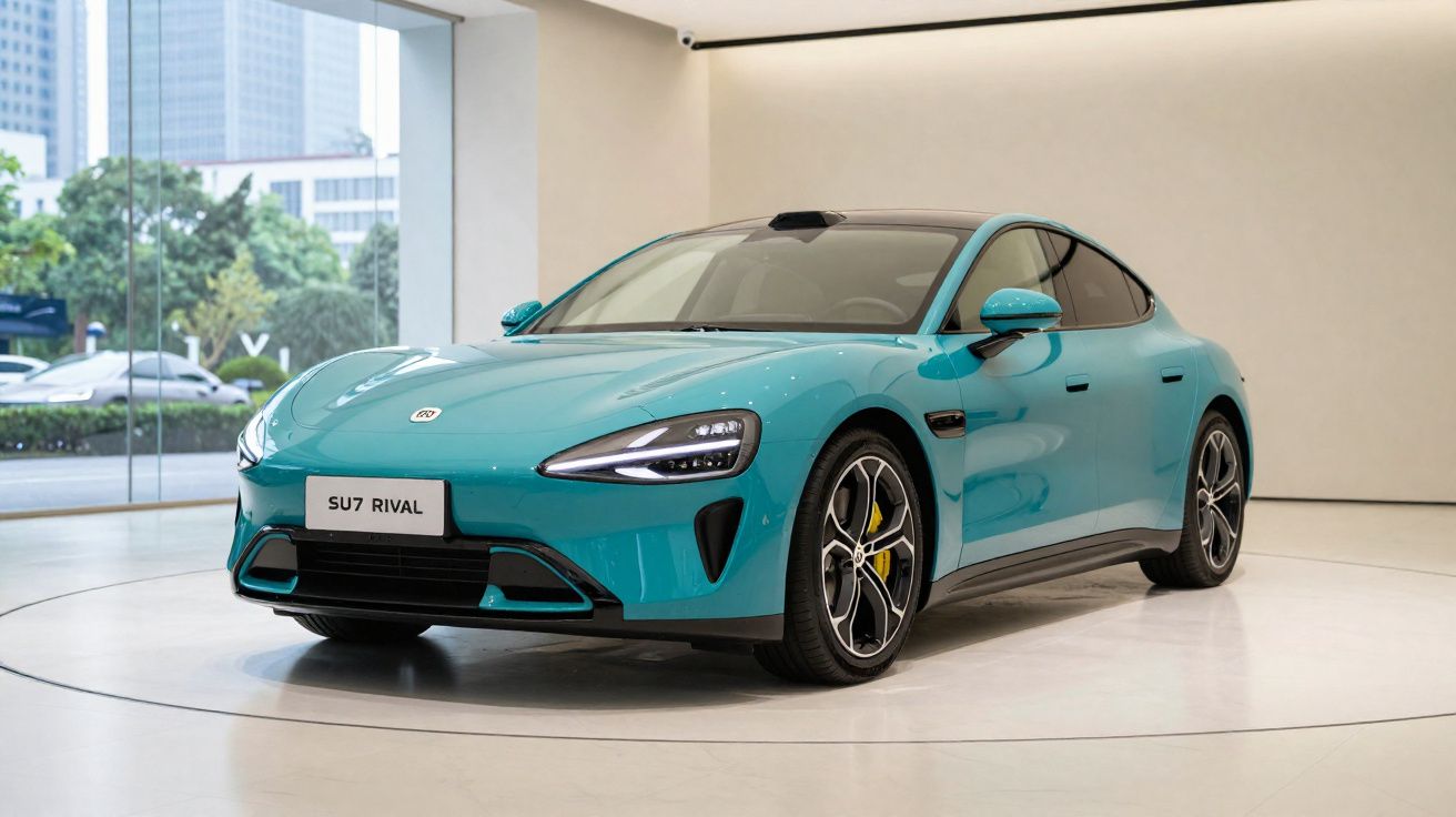 Carro esportivo elétrico azul turquesa SU7 Rival em sala de exposição moderna com grandes janelas.