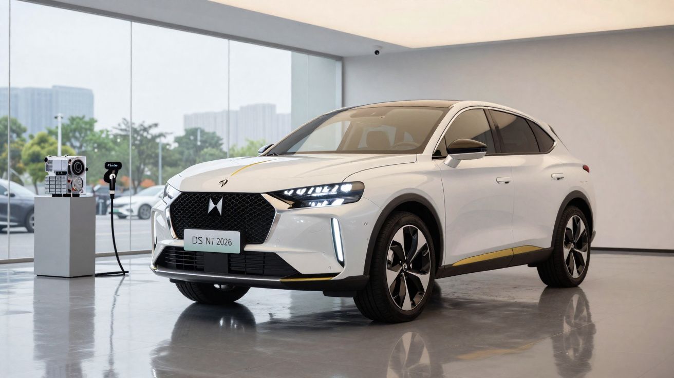 Carro elétrico branco DS N7 2026 estacionado em showroom com estação de recarga ao lado.