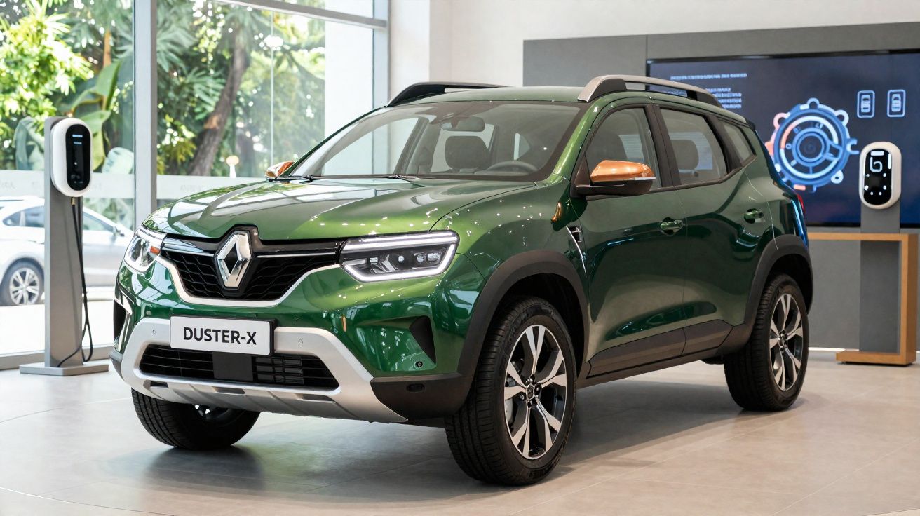SUV Renault Duster X verde exposto em showroom com carregadores elétricos ao fundo.