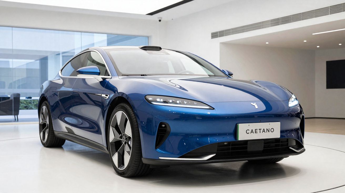 Carro elétrico esportivo azul em exposição interna, com design moderno e faróis finos e alongados.