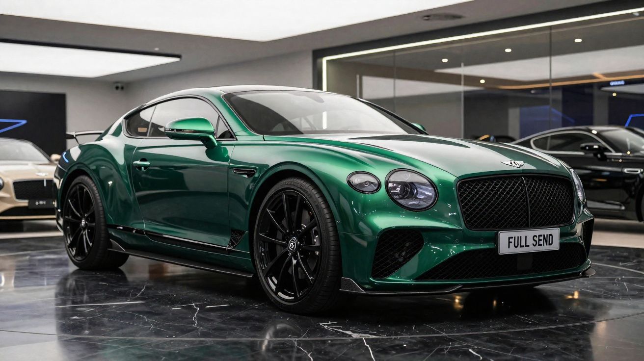 Carro esportivo verde Bentley Continental GT estacionado em showroom com piso de mármore preto.