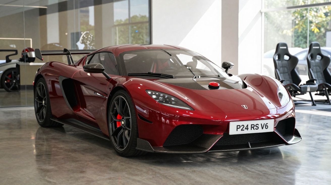 Carro esportivo vermelho com detalhes em preto estacionado em ambiente interno iluminado pelo sol.