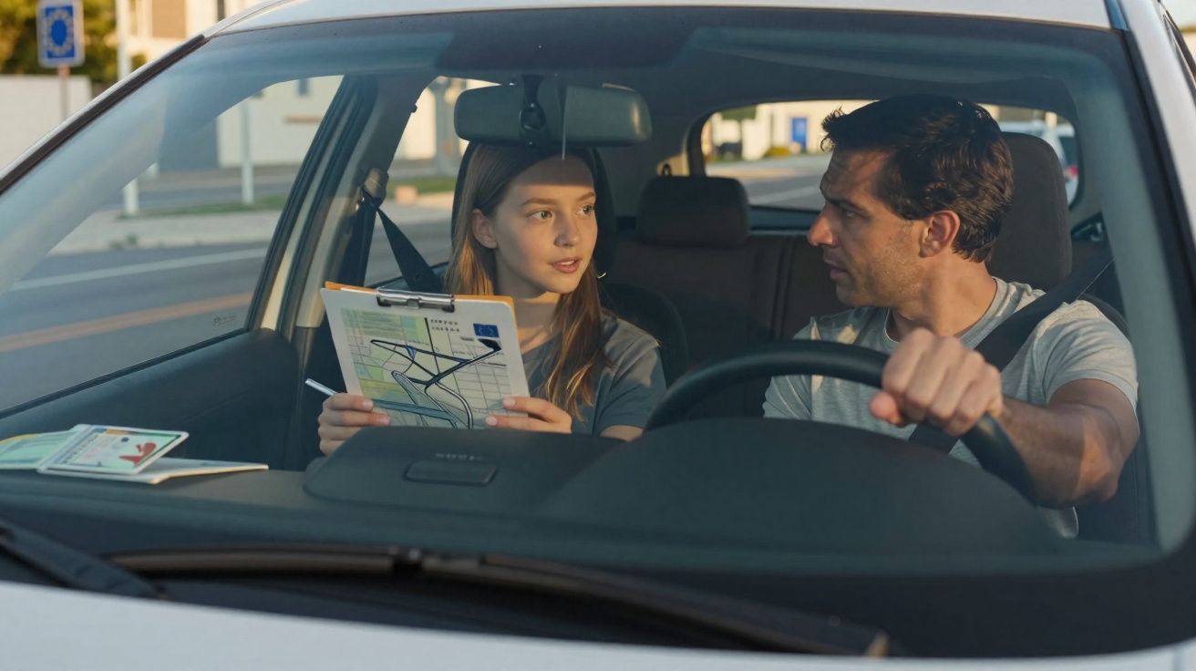 Jovem segurando prancheta conversando com homem no banco dianteiro de carro branco parado.