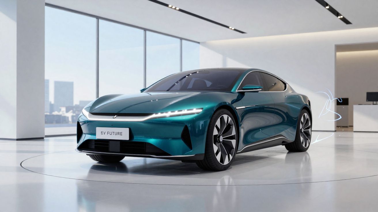 Carro elétrico esportivo azul metálico em exposição moderna e minimalista com luz natural.