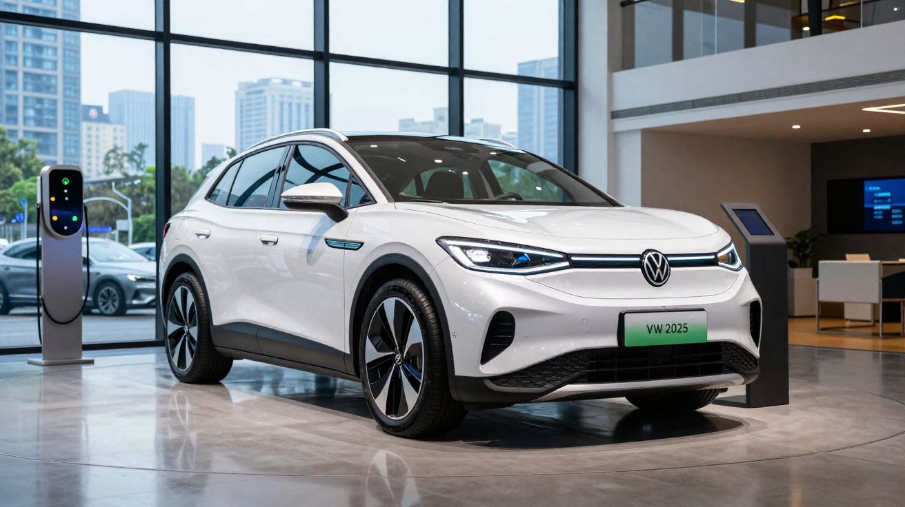 Carro elétrico branco Volkswagen 2025 exibido em showroom moderno com estação de carregamento ao lado.