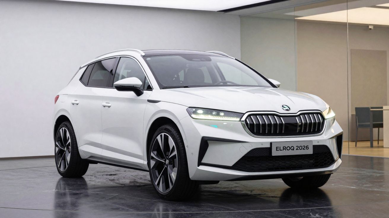 Carro elétrico branco Škoda Elroq 2026 estacionado em ambiente interno moderno.