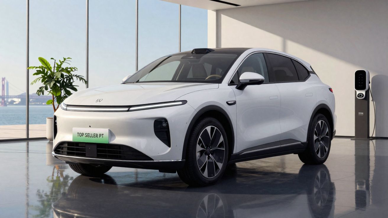 Carro elétrico branco estacionado em ambiente moderno com piso refletivo e parede de vidro com vista para o mar.