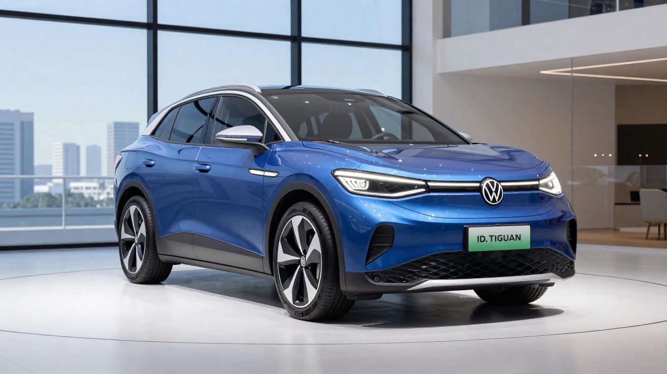 Carro elétrico Volkswagen ID. Tiguan azul exibido em showroom moderno com grandes janelas.