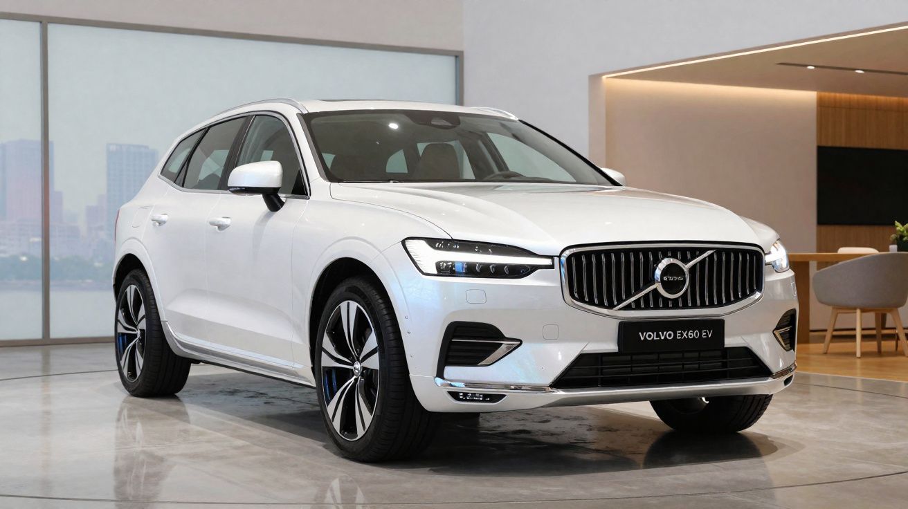 Carro elétrico Volvo EX60 EV branco estacionado em ambiente interno moderno e iluminado.