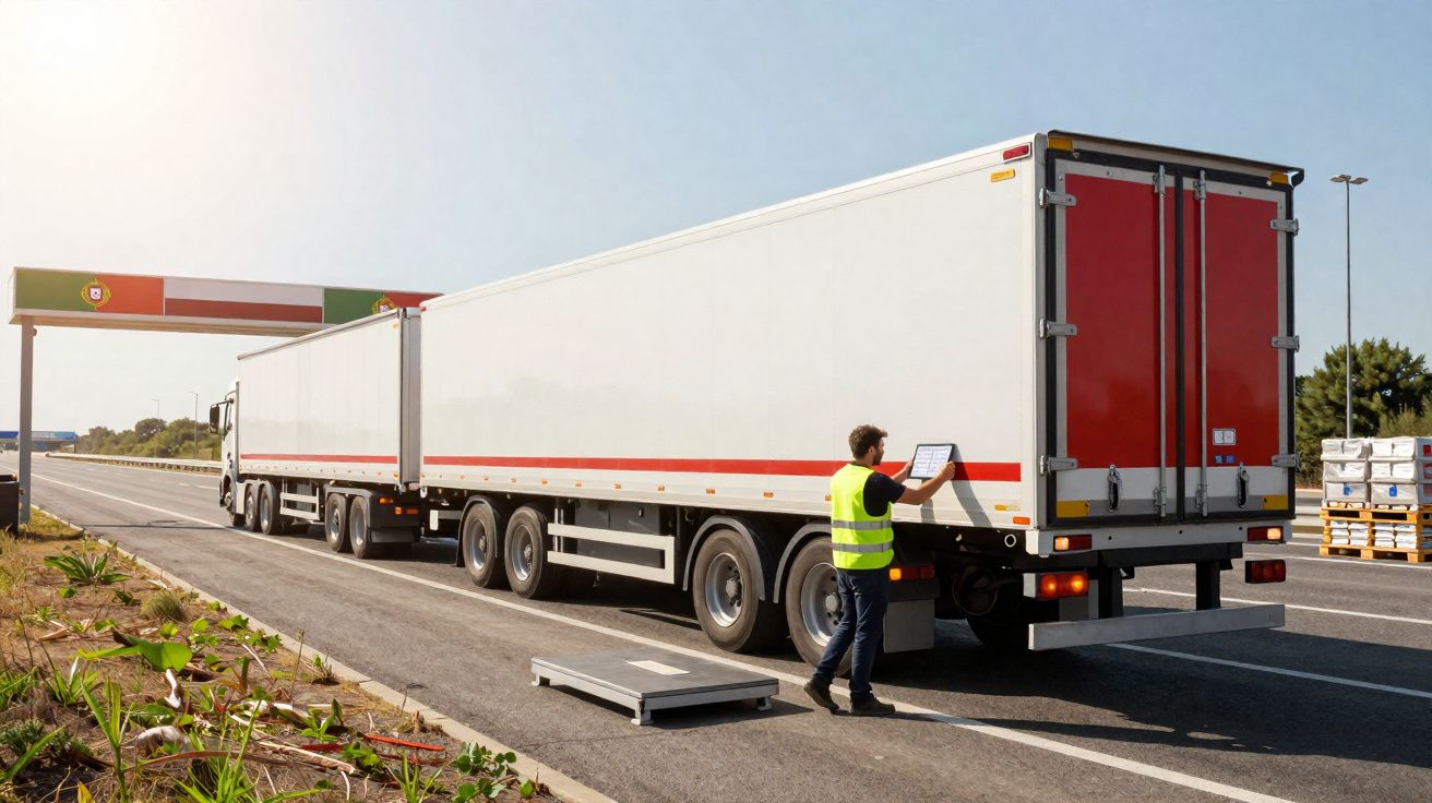 Homem com colete refletivo inspecionando caminhão branco parado em balança rodoviária ao ar livre.