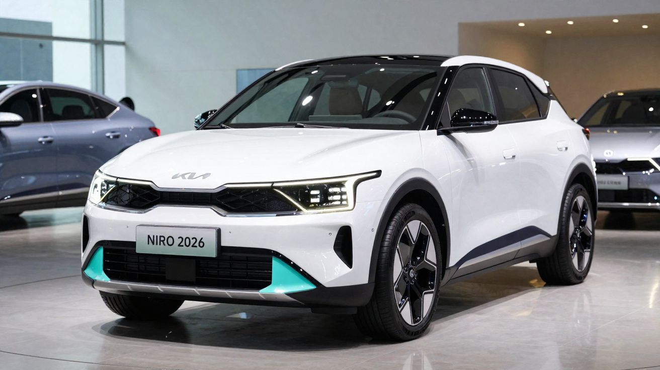 Carro SUV elétrico branco Kia Niro 2026 exposto em showroom moderno e iluminado.