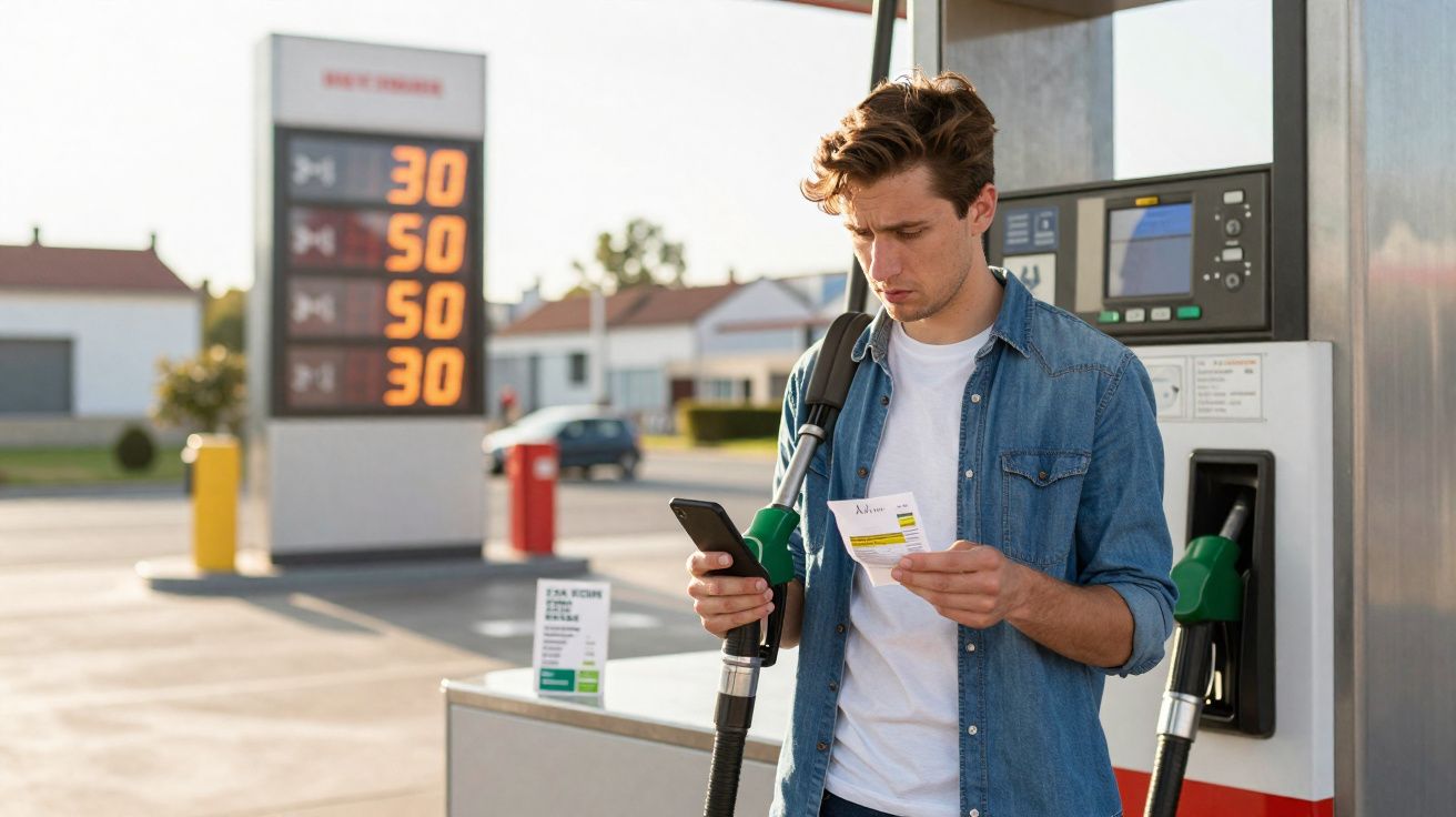 Homem segurando bomba de combustível e olhando recibo em posto de gasolina ao ar livre.