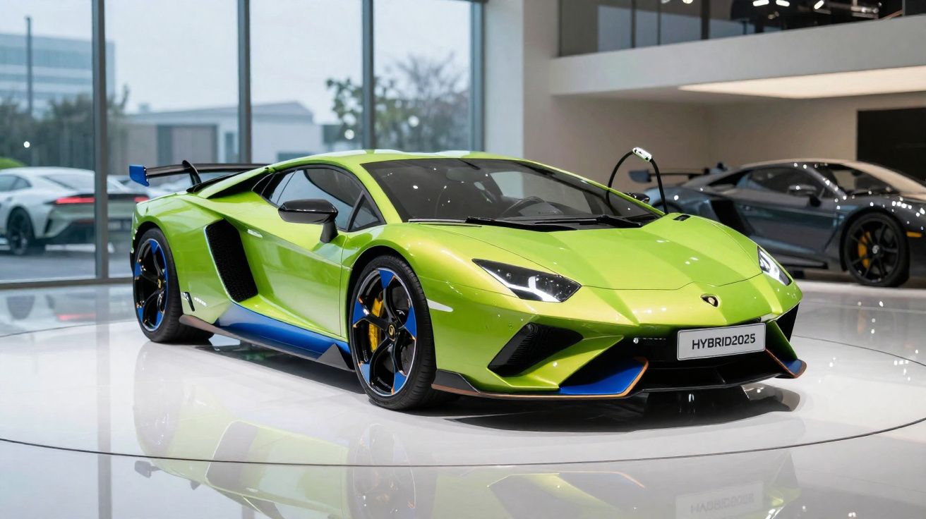 Carro esportivo verde com detalhes em azul e preto exposto em salão de automóveis moderno.