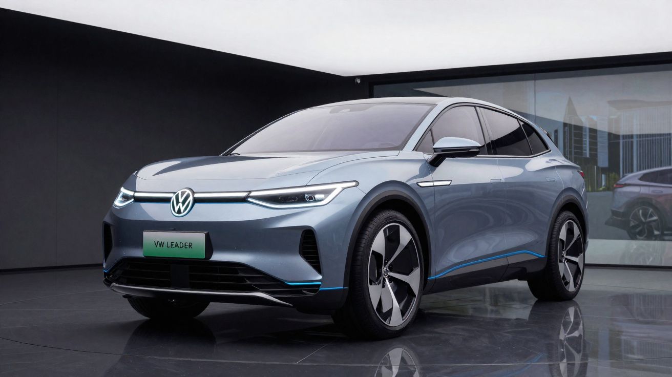 Carro elétrico Volkswagen VW Leader azul em exibição dentro de ambiente moderno e refletivo.