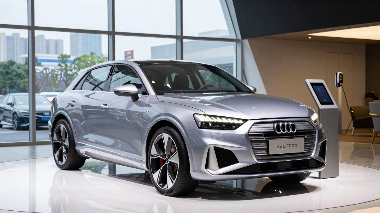 Carro elétrico Audi A3 e-tron prata exibido em showroom moderno com grandes janelas.
