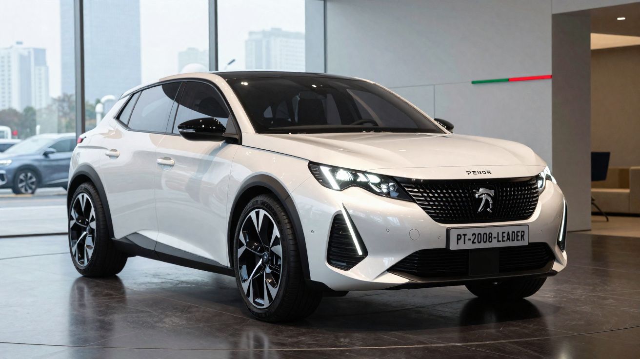Carro SUV branco Peugeot 2008 Leader estacionado em showroom com fundo urbano e iluminação interna.