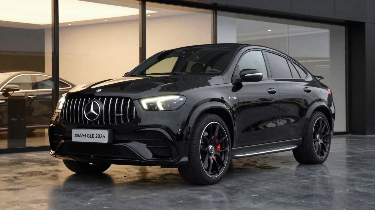 Carro SUV Mercedes-Benz AMG GLE 2026 preto estacionado em frente a prédio moderno com vidro.
