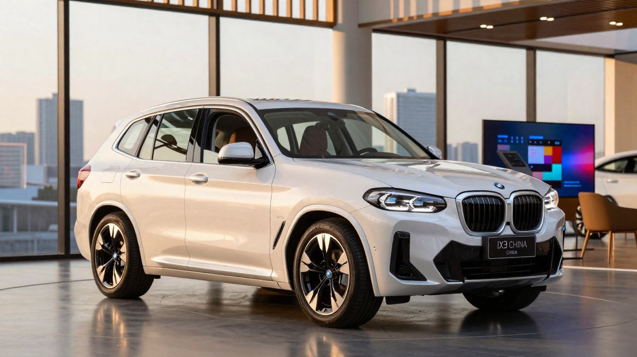 SUV BMW X3 branco exposto em salão com piso refletivo e janelas grandes ao fundo.