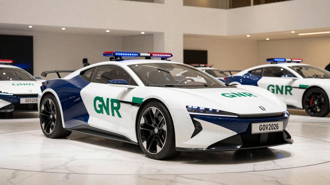 Carro esportivo branco e azul da polícia GNR com sirenes, exibido em ambiente interno moderno.