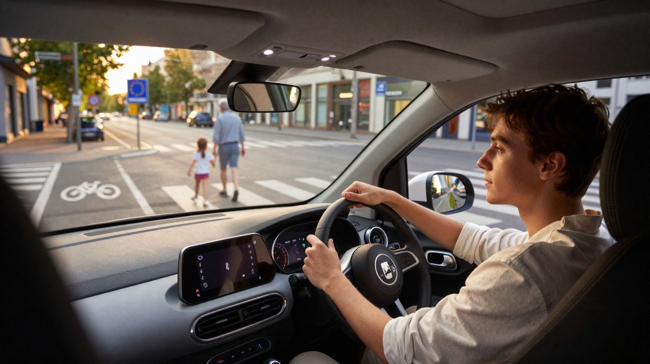 Jovem dirigindo carro com cautela, observando pedestres atravessando na faixa em área urbana.