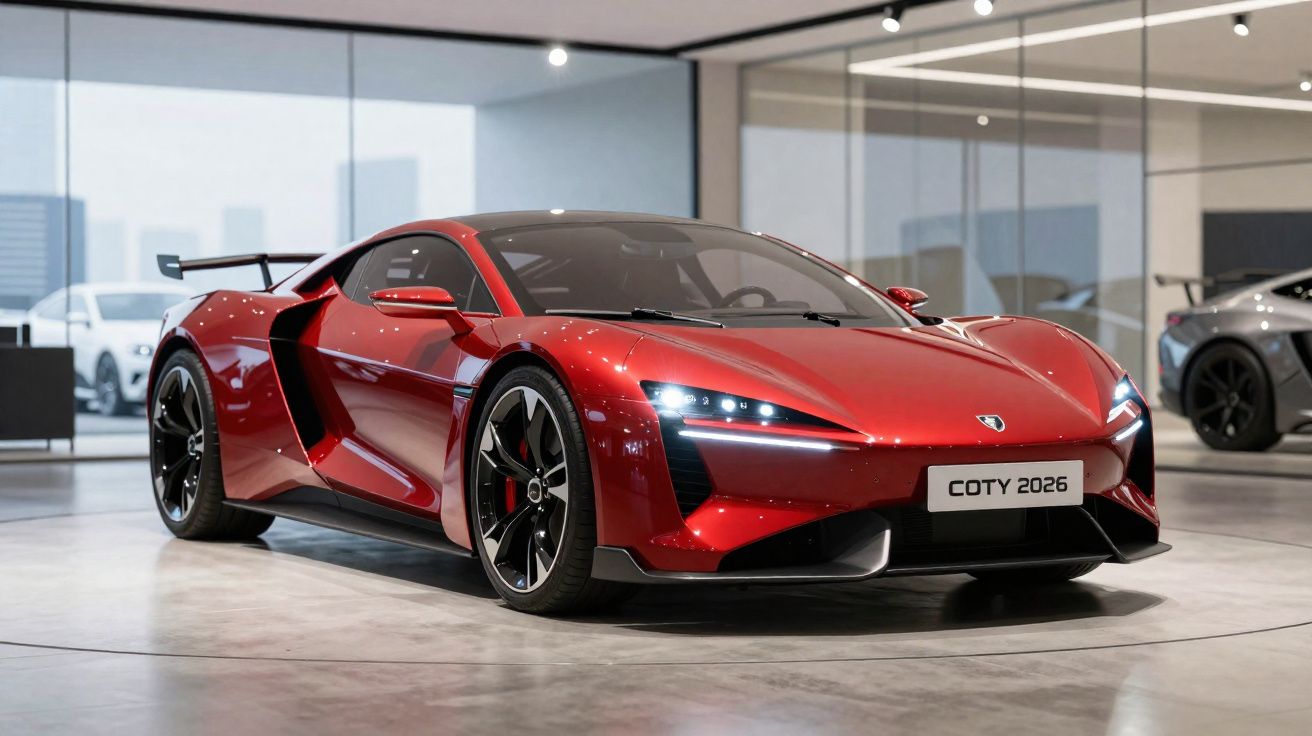 Carro esportivo vermelho com design futurista exposto em showroom moderno e iluminado.
