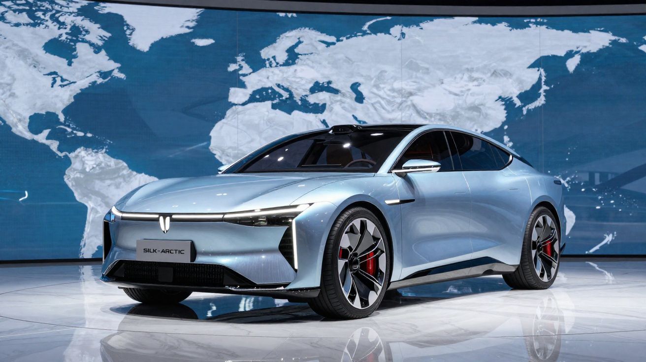 Carro elétrico prata futurista Silk Arctic exibido em salão com mapa mundi ao fundo.