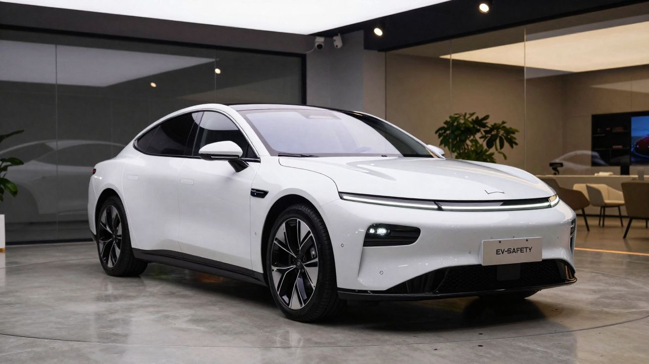 Carro elétrico branco moderno exposto em showroom com piso de concreto e paredes espelhadas.