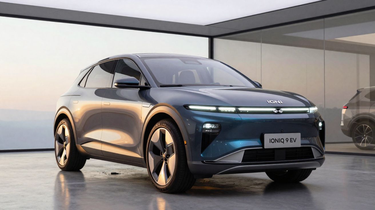 Carro elétrico IONIQ 9 EV azul estacionado em ambiente interno com vidro ao fundo.