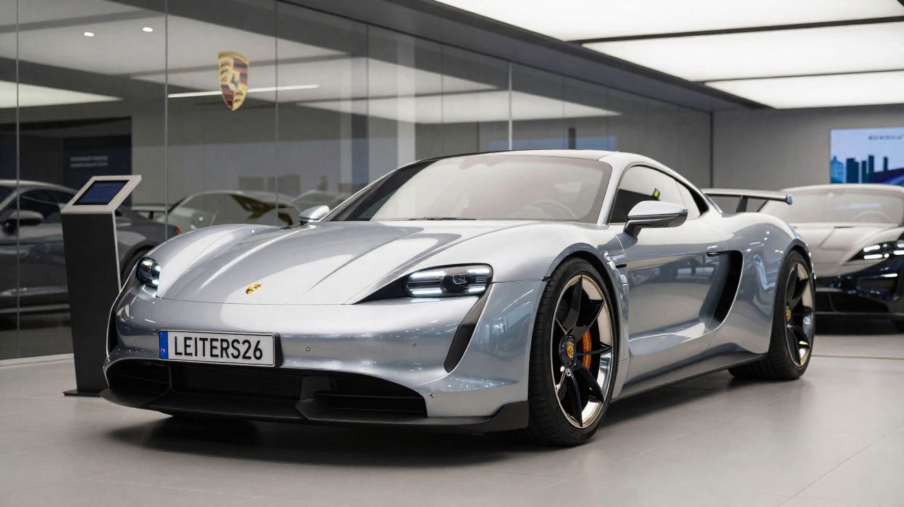 Carro esportivo prata Porsche Taycan em showroom moderno com logo da Porsche na parede ao fundo.