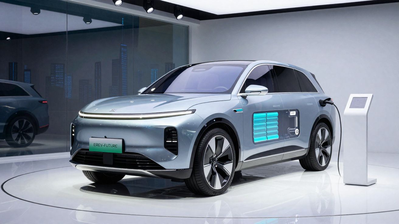 Carro elétrico cinza em exposição, conectado a carregador, com destaque gráfico na bateria na lateral.