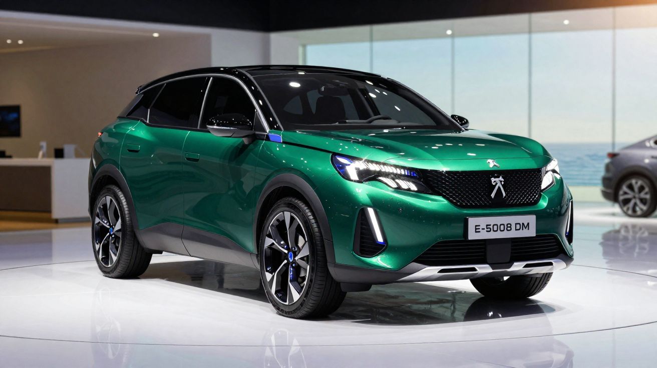 Carro SUV verde Peugeot E-5008 DM exposto em salão automotivo com fundo claro e reflexos no piso branco.