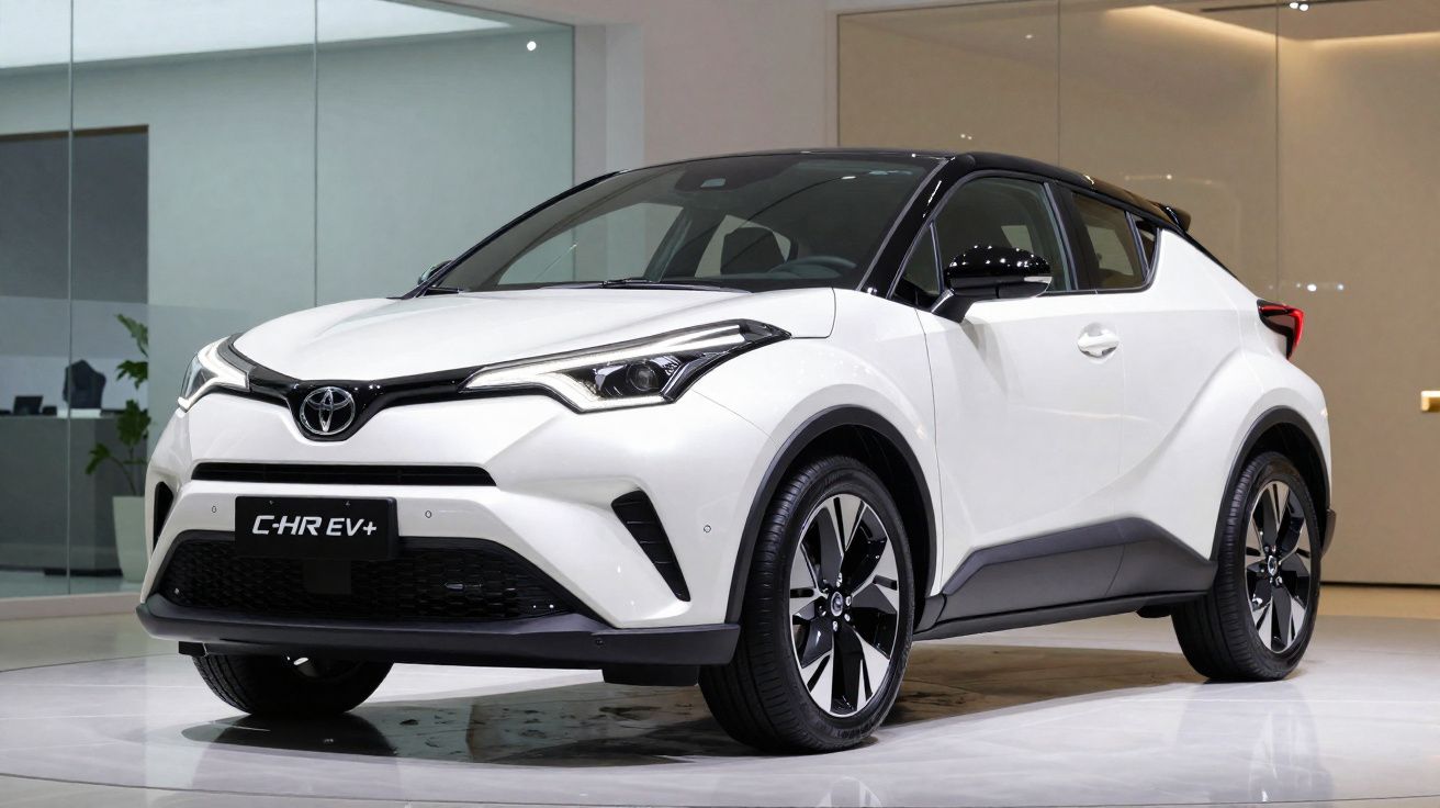 Carro Toyota C-HR EV+ branco com teto preto, em exposição interna, ângulo frontal direito.