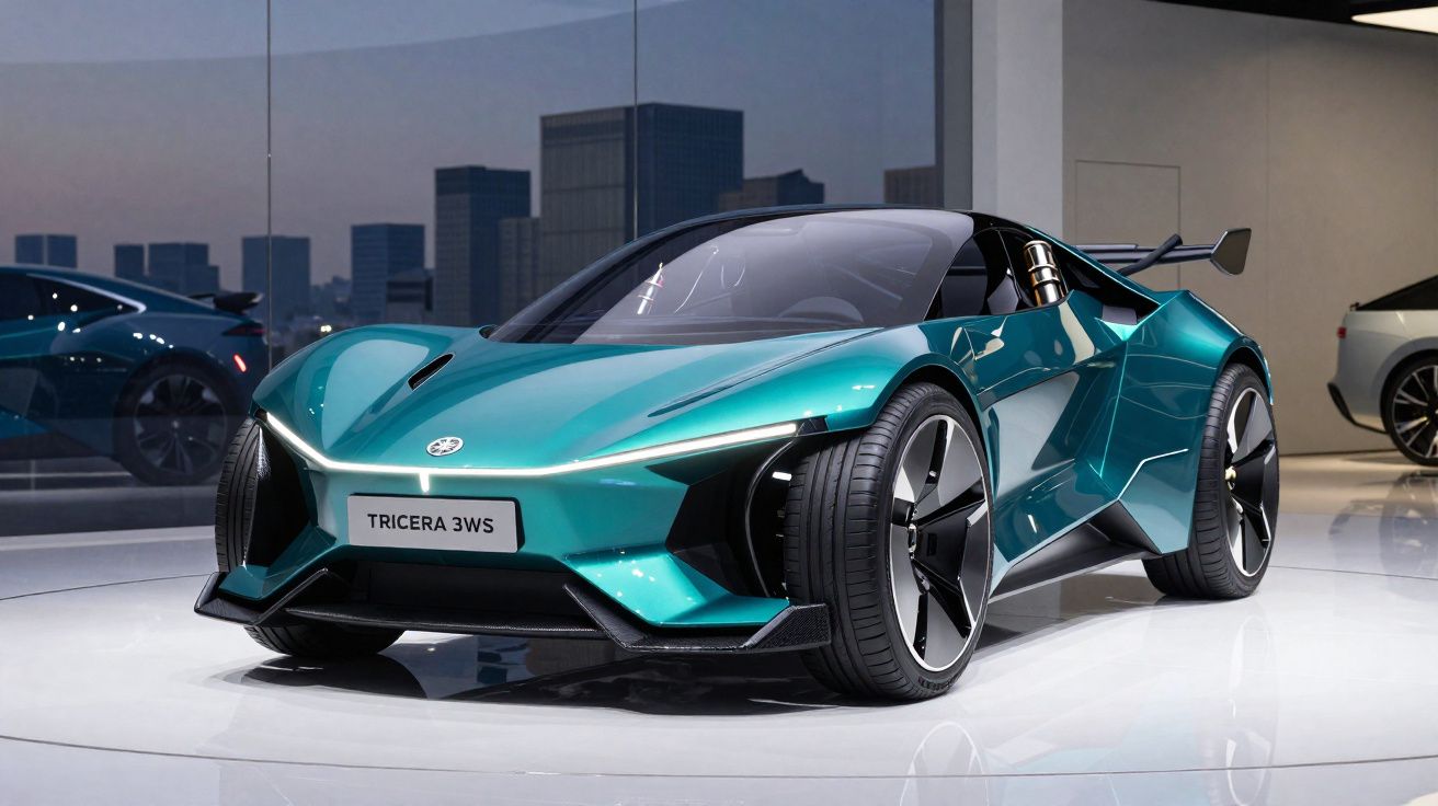 Carro esportivo elétrico azul turquesa Tricera 3WS em exposição com design futurista e rodas largas.