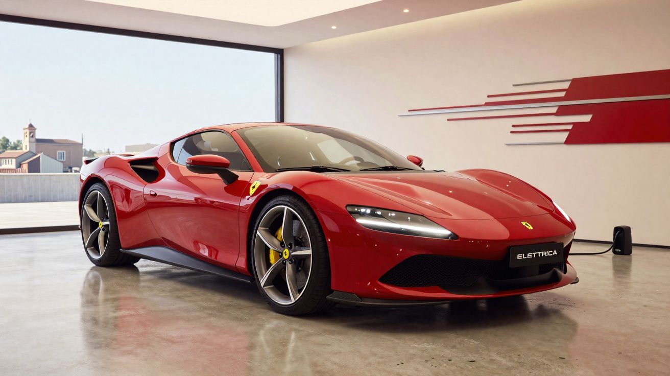 Carro esportivo vermelho Ferrari Elettrica exposto em salão moderno com piso brilhante.