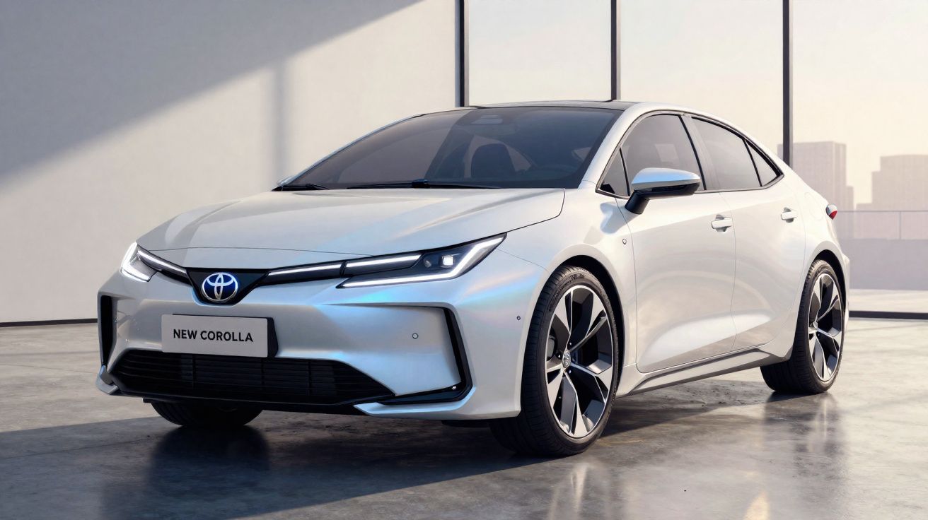 Carro branco Toyota New Corolla estacionado em piso de concreto com fundo urbano desfocado.