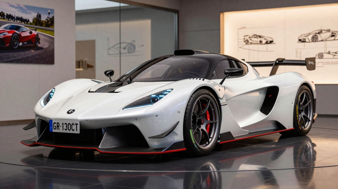 Carro esportivo branco com detalhes pretos e aerodinâmicos exposto em showroom moderno.