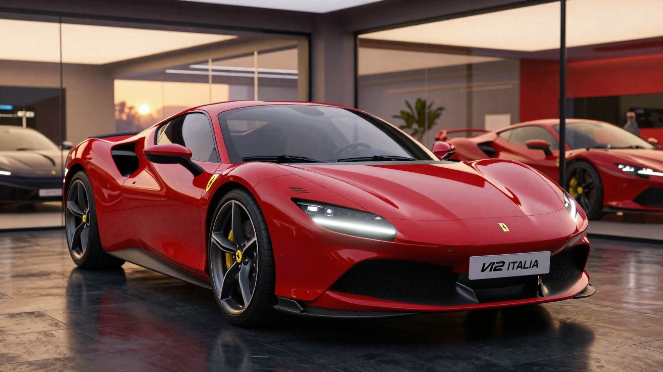 Carro esportivo vermelho Ferrari V12 Italia em showroom com reflexos no piso e espelhos ao fundo.