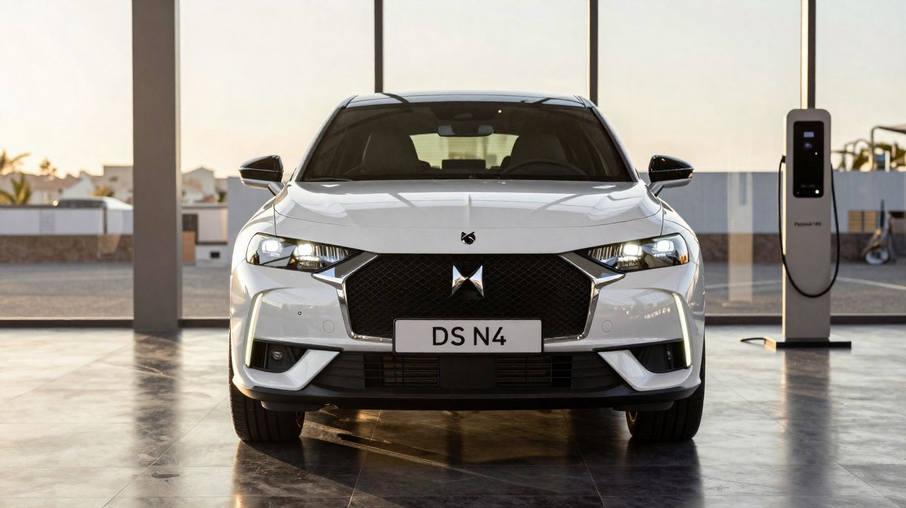 Carro elétrico branco DS N4 em showroom com estação de recarga ao lado, visto de frente.