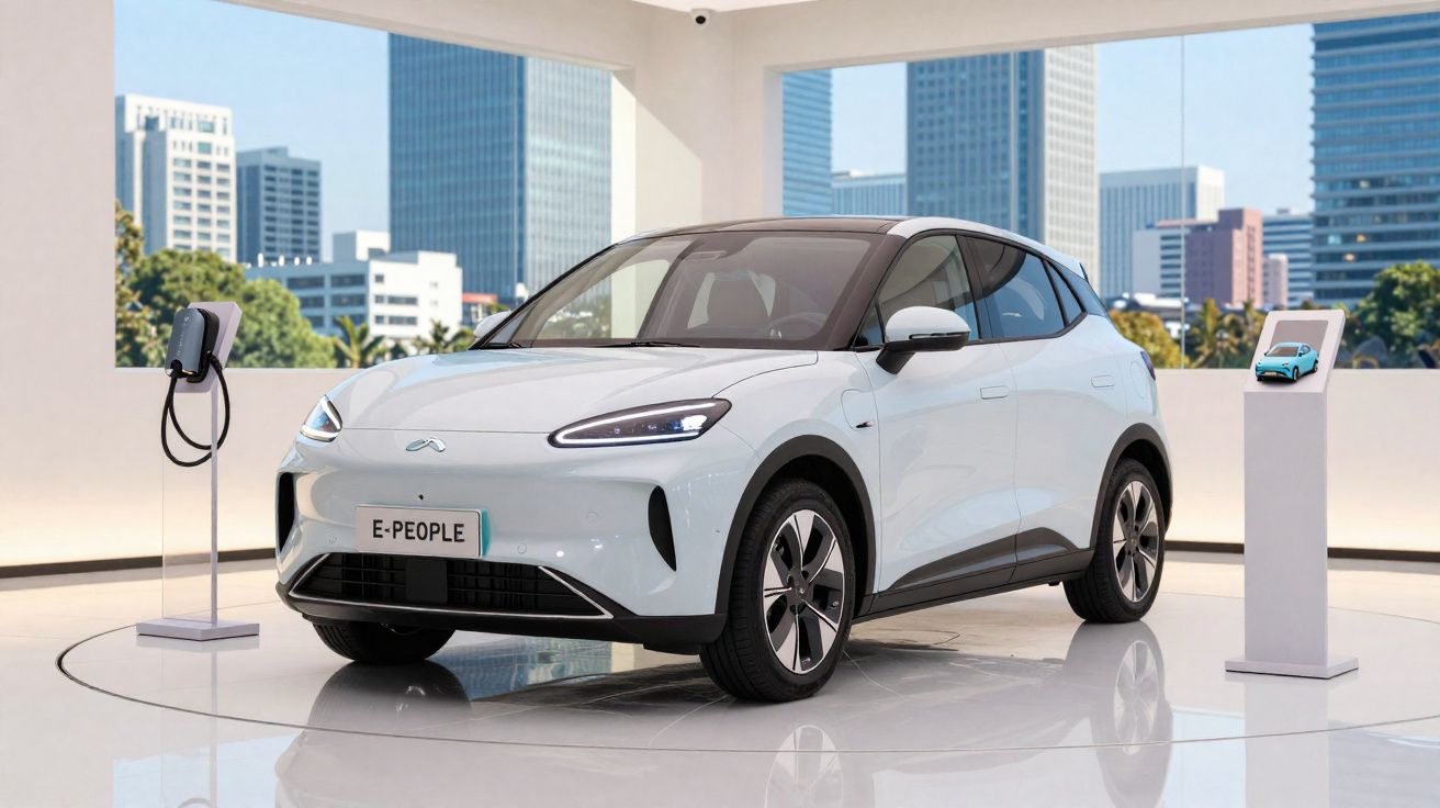 Carro elétrico branco modelo E-People exibido em salão moderno com painel digital e estação de recarga ao lado.