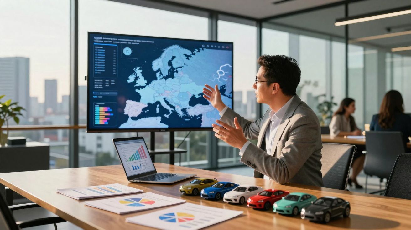 Homem em reunião de escritório apresenta gráfico de mapa da Europa e modelos de carros sobre mesa.