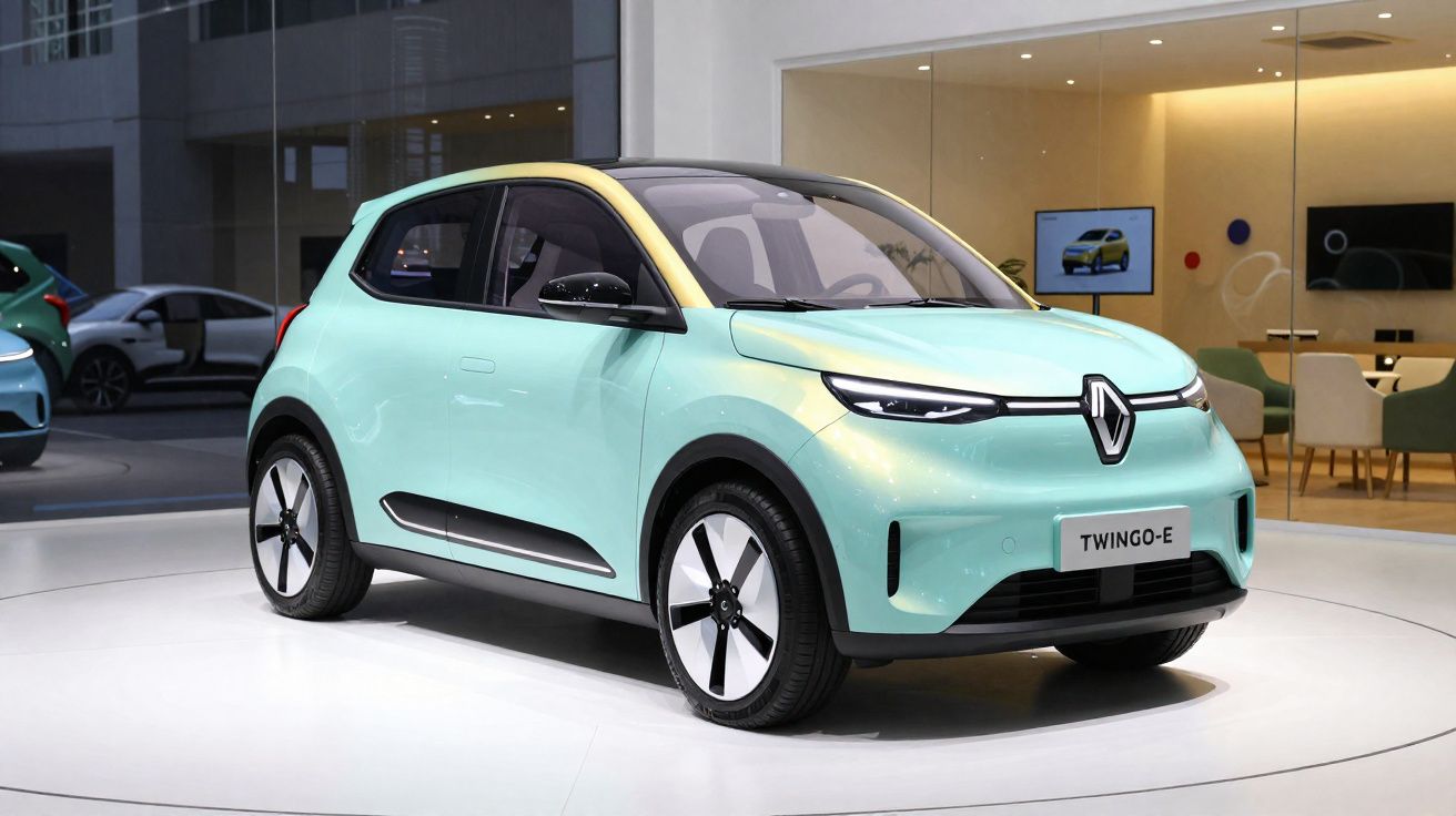 Carro elétrico Renault Twingo-e azul claro com teto amarelo exibido em showroom.