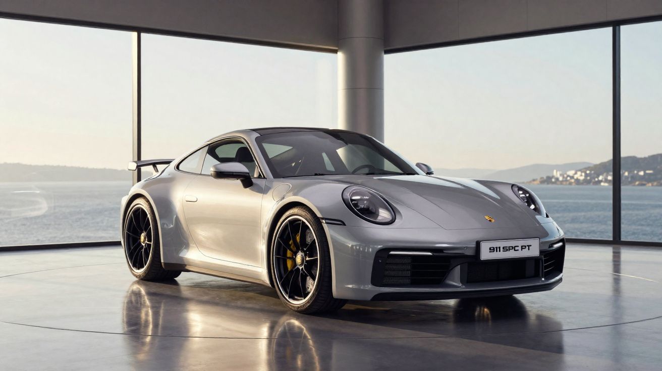 Carro esportivo Porsche 911 prata estacionado em salão com grandes janelas e vista para o mar.