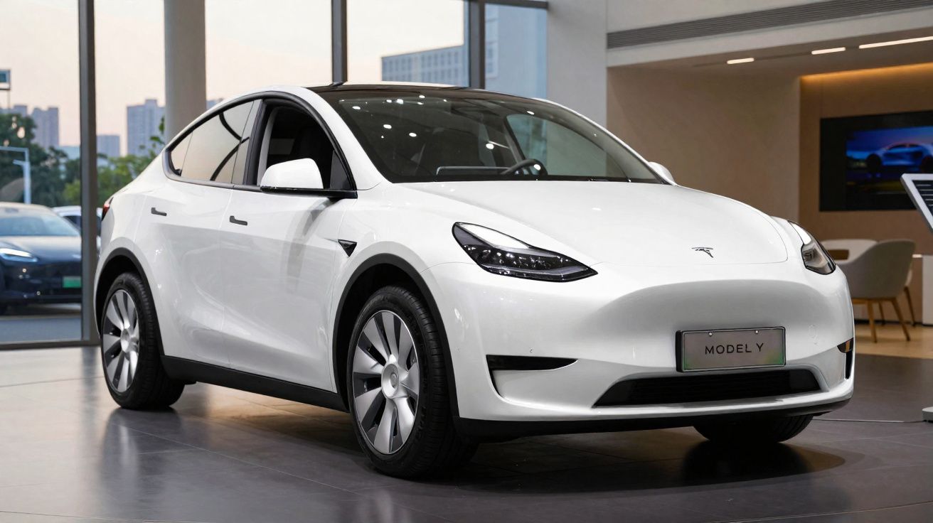 Carro elétrico Tesla Model Y branco exposto em showroom com design moderno e futurista.