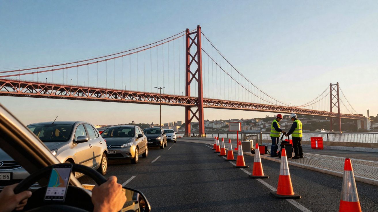 Trânsito com carros parados em fila próximo a ponte suspensa vermelha sob céu claro ao entardecer.